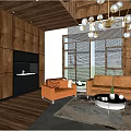 Modern Hotel Guest Room Interior Design With Brown Leather Sofas Wooden Ceiling And Geometric Rug