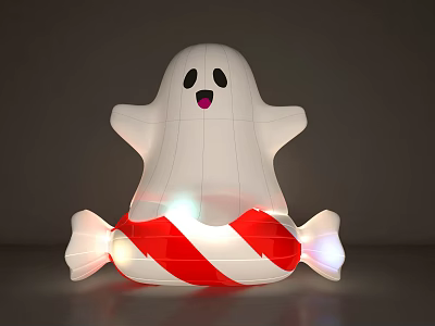 White Ghost Shaped Art Installation With Red And White Striped Candy Base And Illuminated Design 3d model