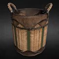 Woven Rattan Storage Basket With Leather Handles And Metal Accents