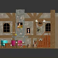 Cozy Café Interior With Stone Walls Staircase Tables Wooden Barrels Bookshelf And Colorful Chairs