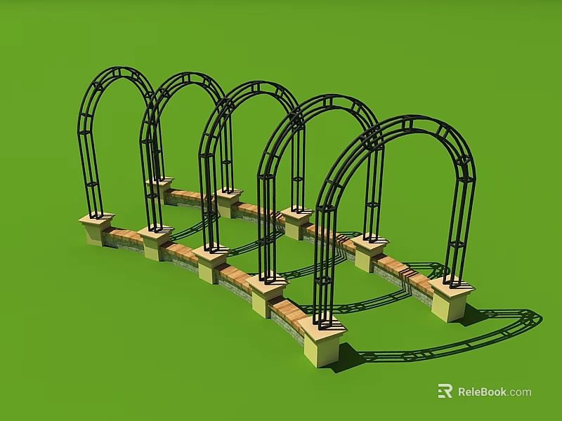 Arched Pergola with Black Metal Frame and Stone Brick Base in Curved Outdoor Garden 3d model 