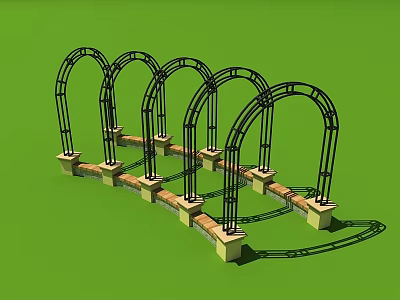 Arched Pergola with Black Metal Frame and Stone Brick Base in Curved Outdoor Garden 3d model