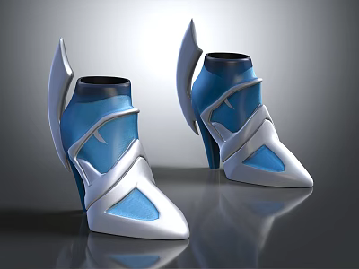 Futuristic Blue And Silver Shoes With Sculptural Heel And Pointed Toe Design 3d model