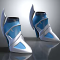 Futuristic Blue And Silver Shoes With Sculptural Heel And Pointed Toe Design