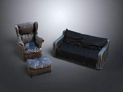 Brown Leather Armchair Ottoman And Black Fabric Sofa Living Room Furniture 3d model