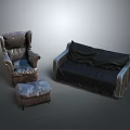 Brown Leather Armchair Ottoman And Black Fabric Sofa Living Room Furniture