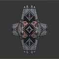 Ornate Symmetric Metal Shield Design With Red Black Geometric Patterns And Rivets