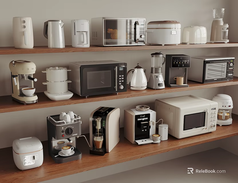 Various Kitchen Appliances Displayed On Wooden Shelves In Modern Kitchen 3d model 