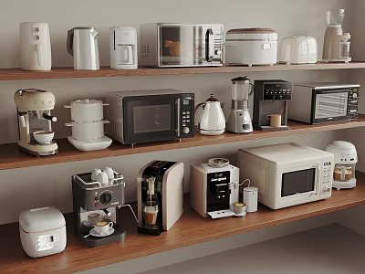 Various Kitchen Appliances Displayed On Wooden Shelves In Modern Kitchen 3d model