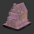 Cartoon Scene Featuring Dilapidated Wooden House with Multiple Floors Broken Roof Graffiti and Moss