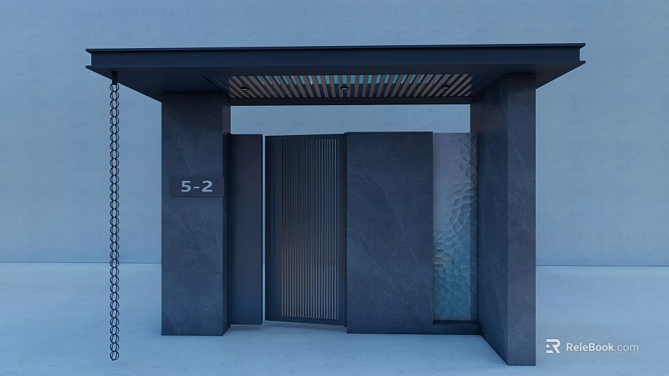 Modern Entrance Gate With Black Pillars Lattice Canopy Number 5-2 And Water Curtain Wall 3d model 