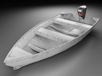 Old Wooden Boat Equipped With Black Outboard Motor And Wooden Planks Seats 3d model