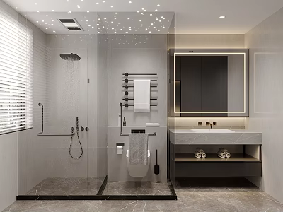 Modern Bathroom Interior Design With Glass Shower Enclosure And Backlit Mirror 3d model