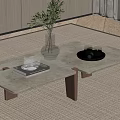 Modern Coffee Table with Marble Surface Wooden Legs Glass Vase Plant and Metal Tray
