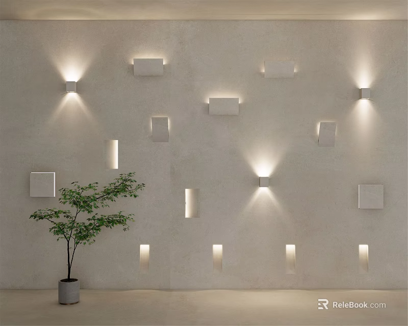 Illuminated Wall Lamps With Various Shapes On Light Colored Wall And Green Plant 3d model 