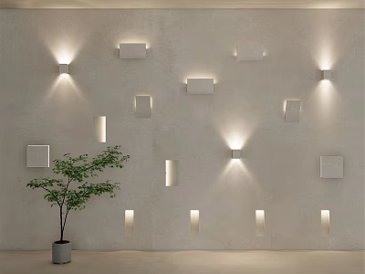 Illuminated Wall Lamps With Various Shapes On Light Colored Wall And Green Plant 3d model