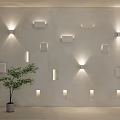 Illuminated Wall Lamps With Various Shapes On Light Colored Wall And Green Plant
