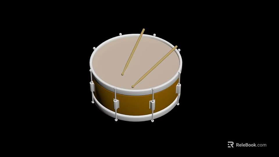 Gold And White Marching Drum With Drumhead And Two Wooden Drumsticks 3d model 