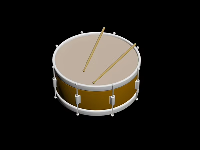 Gold And White Marching Drum With Drumhead And Two Wooden Drumsticks 3d model
