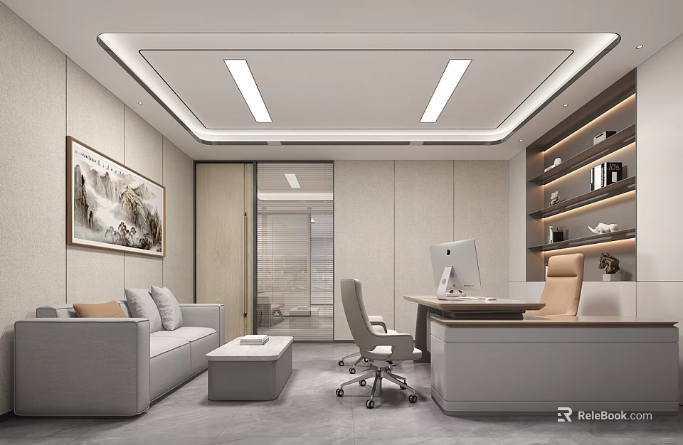Modern Office Interior Design With Gray Sofa Desk Office Chair Bookshelf And Wall Painting 3d model 