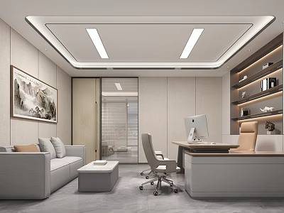 Modern Office Interior Design With Gray Sofa Desk Office Chair Bookshelf And Wall Painting 3d model