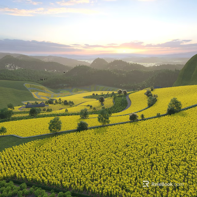 Rural Scenery Featuring Yellow Flower Fields Sunset Mountains Green Hills Winding Paths and Distant Village 3d model 