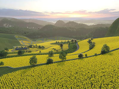Rural Scenery Featuring Yellow Flower Fields Sunset Mountains Green Hills Winding Paths and Distant Village 3d model