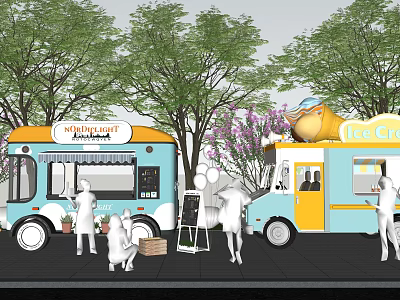 Colorful Food And Ice Cream Trucks With Outdoor Service Near Trees And Customers 3d model