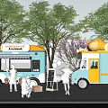 Colorful Food And Ice Cream Trucks With Outdoor Service Near Trees And Customers