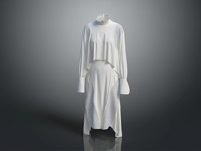 White High Neck Long Sleeve Layered Dress With Modern Minimalist Design 3d model
