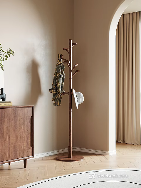 Wooden Coat Rack With Plaid Shirt And White Hat In Modern Home Interior 3d model 