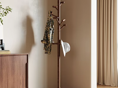 Wooden Coat Rack With Plaid Shirt And White Hat In Modern Home Interior 3d model