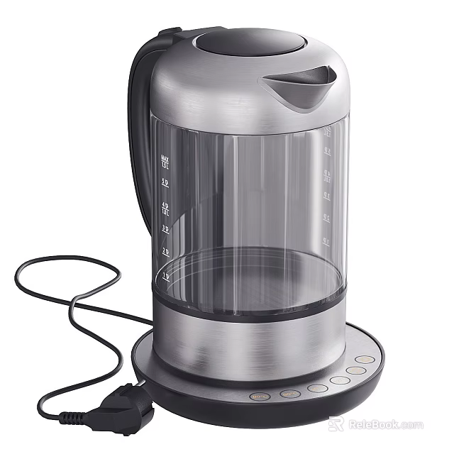 Silver Stainless Steel Electric Kettle Transparent Glass Body Measurement Marks Base Control Panel Power Cord 3d model 