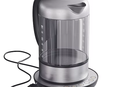 Silver Stainless Steel Electric Kettle Transparent Glass Body Measurement Marks Base Control Panel Power Cord 3d model