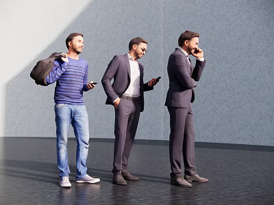 Three Men Standing Together in Modern Urban Setting Using Phones and Carrying Bags 3d model