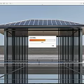 Modern Pavilion With Solar Panel Roof Vertical Black Columns And Reflective Floor Against Blue Sky