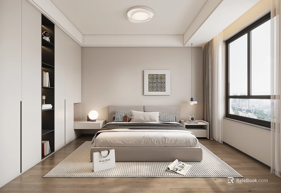 Modern Bedroom Interior Design With Bed Nightstands Window Rug Wardrobe Wall Art And Ceiling Light 3d model 
