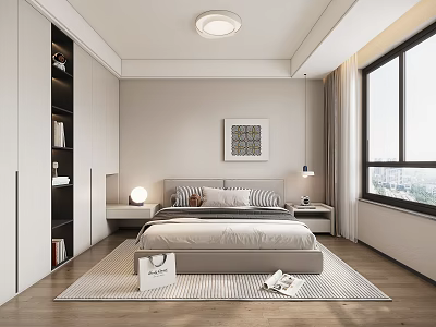 Modern Bedroom Interior Design With Bed Nightstands Window Rug Wardrobe Wall Art And Ceiling Light 3d model