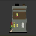 Detailed Miniature Shop Building Model With Red Door Golden Characters Green Tree And Lit Windows