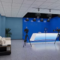 School Classroom Interior With White Round Tables Green Chairs Blackboard Display Screen Windows And Curtains