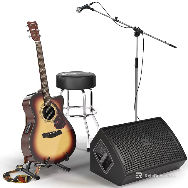 Professional Acoustic Guitar Performance Setup with Stool Microphone Stand and Speaker 3d model 