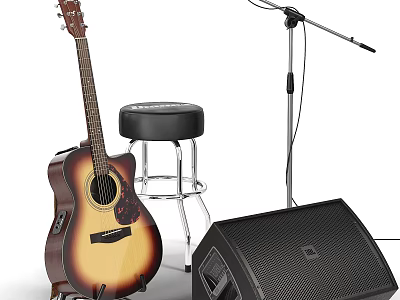 Professional Acoustic Guitar Performance Setup with Stool Microphone Stand and Speaker 3d model