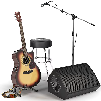 Professional Acoustic Guitar Performance Setup with Stool Microphone Stand and Speaker 3d model