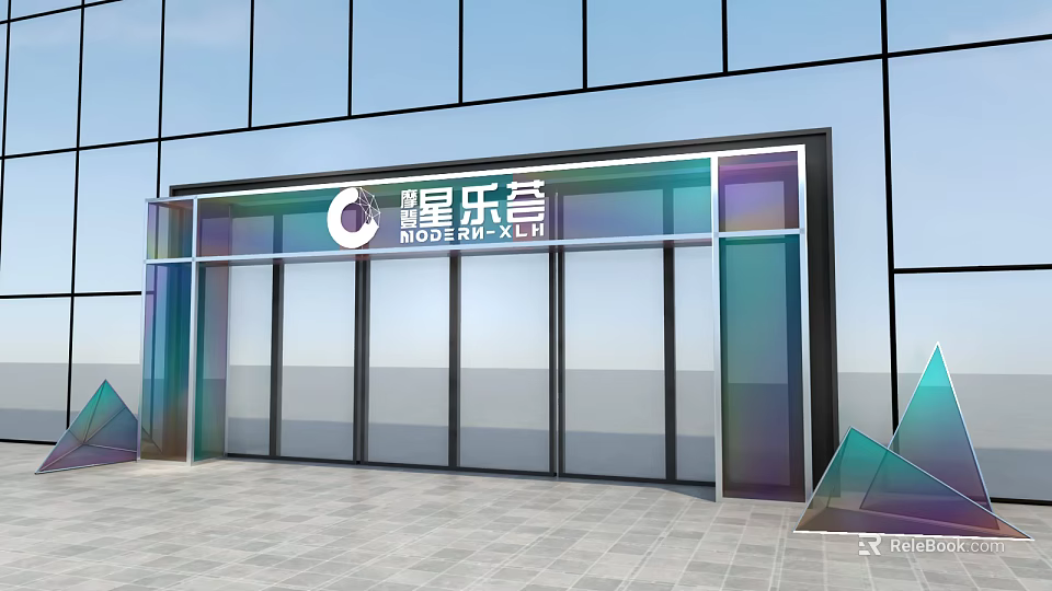 Modern Activity Entrance with BIOSTAR LC Brand Sign and Glass Curtain Wall 3d model 