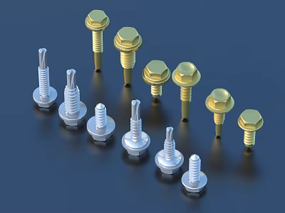 Various Types Of Gold And Silver Bolts With Different Sizes And Metallic Finish 3d model