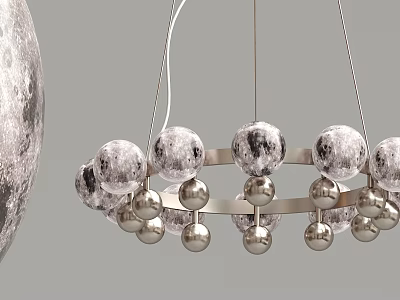 Modern Silver Chandelier With Lunar Surface Spheres And Metallic Hanging Balls 3d model