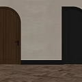 Brown And Black Arched Hinged Doors With Brass Handles On Light Wall Wooden Floor