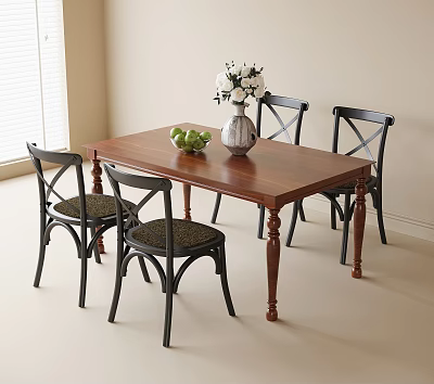 Wooden Dining Table With Four Black Chairs And Fruits In Vase With White Flowers 3d model