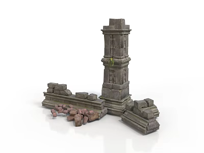 Modern Stone Tower Exterior With Scattered Blocks And Architectural Details 3d model