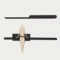 Modern Sleek Strip Wall Light With Metal Sculpture On Black Shelf And Soft Illuminated Wall